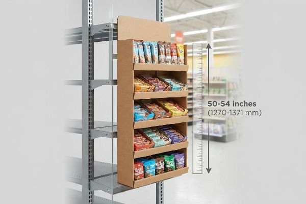 Brown corrugated cardboard sidekick display with five shelves of impulse snack bars, showing the 50-54 inches (1270-1371 mm) strike zone.