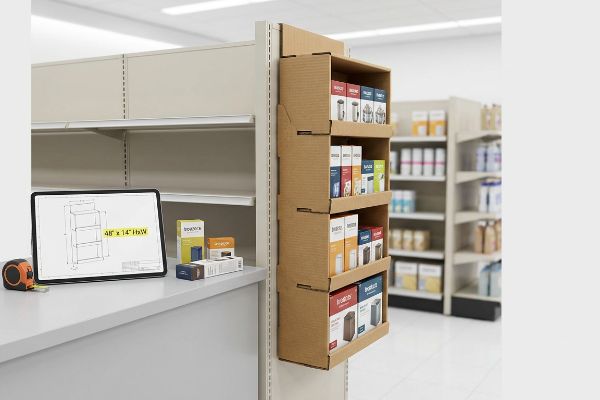 A retail store aisle features a cardboard sidekick display holding various products, with a tablet showing 48 x 14 HxW display dimensions.