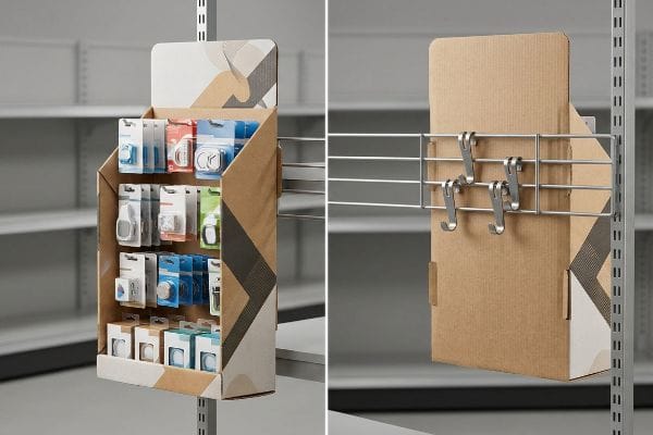 Corrugated cardboard power wing display, featuring small packaged products, attached to a metal wire rack with S-clips on retail shelving.