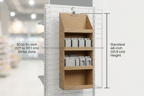 Kraft cardboard sidekick display on a retail grid wall, featuring products within the 50 to 54-inch Strike Zone and a 48-inch Standard Height.