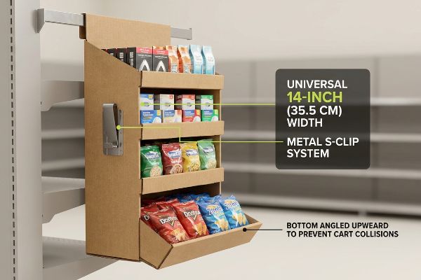 Brown corrugated cardboard sidekick display, 14-inch (35.5 cm) width, featuring a Metal S-Clip System and an Angled Bottom Shelf to prevent cart collisions.