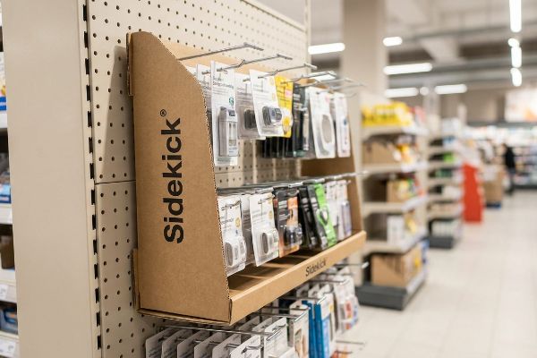 A retail store aisle features a brown cardboard Sidekick display, hung on a white pegboard, showcasing packaged impulse products.