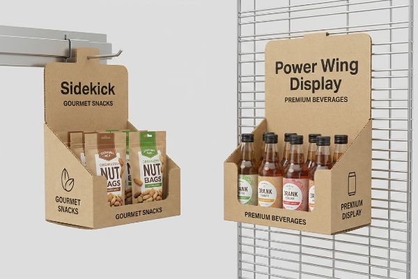 Two corrugated cardboard retail displays, a Sidekick Gourmet Snacks unit with nut bags and a Power Wing Display Premium Beverages unit with Drank bottles.