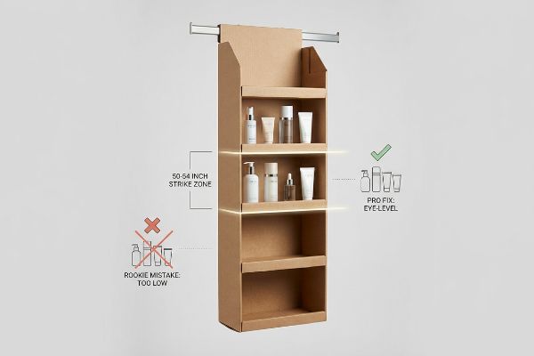 Cardboard sidekick display showing cosmetic products within the 50-54 Inch Strike Zone, contrasting Rookie Mistake: Too Low with Pro Fix: Eye-Level placement.