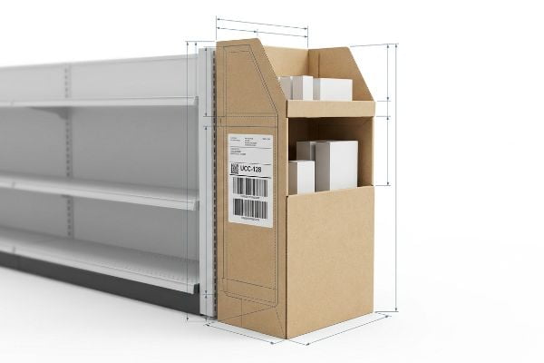 Brown corrugated sidekick display with UCC-128 label, precisely fitted to a retail gondola, featuring dimensional lines and small white product boxes.