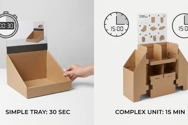 A hand quickly assembles a simple cardboard counter display tray, marked with a 30-second assembly time, demonstrating fast retail POS setup.