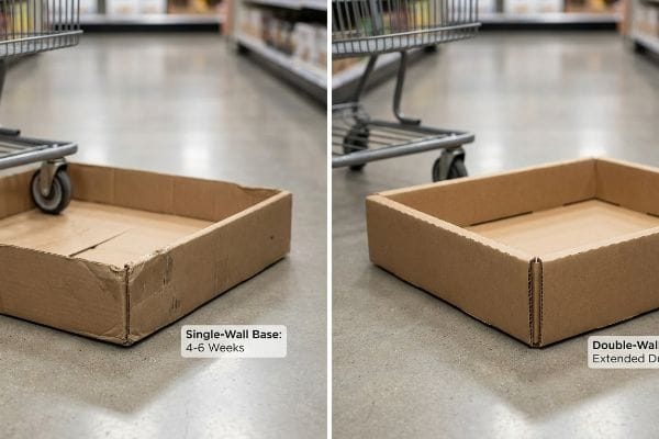 Single-Wall Corrugated Base (4-6 Weeks) contrasted with a Double-Wall Base (Extended Durability) on a retail floor.