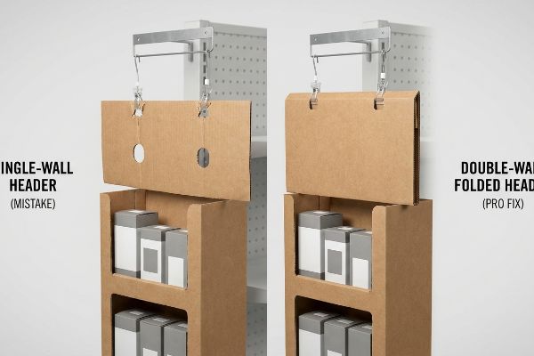 Corrugated wing display comparison: Single-Wall Header (Mistake) with torn holes vs. Double-Wall Folded Header (Pro Fix).
