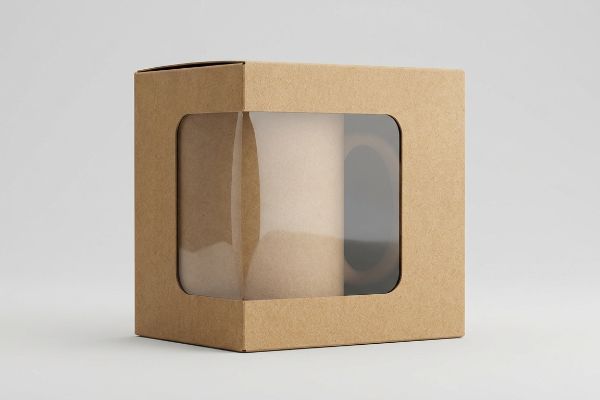 Brown kraft paper window box with a clear plastic film showcasing a cylindrical product inside, highlighting folding carton packaging.