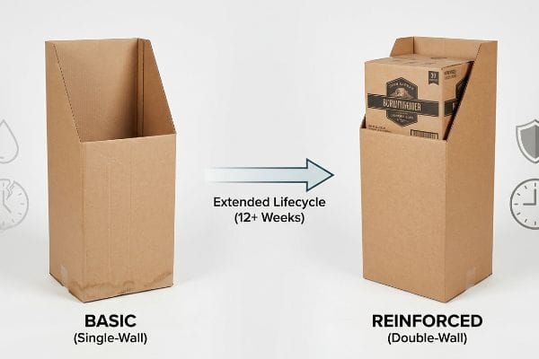 Brown corrugated cardboard display comparison: Basic Single-Wall box vs. Reinforced Double-Wall box with Burgundmeister, highlighting Extended Lifecycle (12+ Weeks).