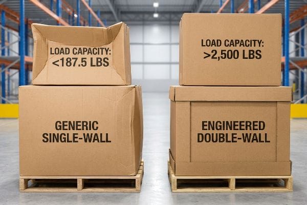 Cardboard boxes show Generic Single-Wall (Load Capacity: <187.5 LBS) versus Engineered Double-Wall (Load Capacity: >2,500 LBS) in a warehouse.