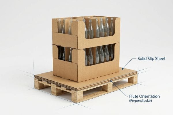 Corrugated slip sheet with perpendicular flute orientation supporting stacked beverage trays of empty bottles on a wooden pallet.
