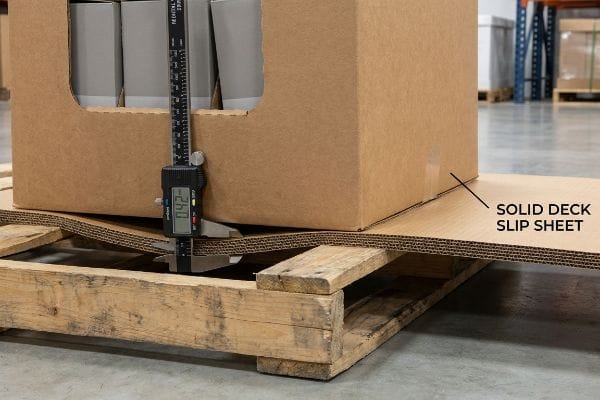 Digital caliper measuring 0.42 inches of sag in a corrugated Solid Deck Slip Sheet on a wooden pallet under a cardboard box.