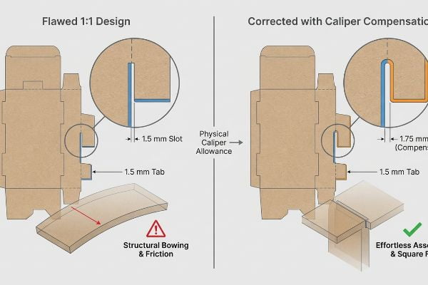 Cardboard dieline comparison: Flawed 1:1 design (1.5mm slot) causes bowing; corrected with 1.75mm caliper compensation for effortless assembly.