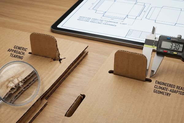 Corrugated cardboard comparison showing generic tearing versus engineered climate-adapted geometry, with a digital caliper measuring 3.30mm slot clearance.