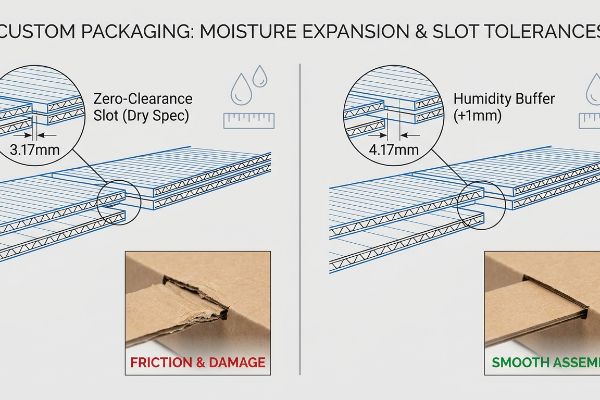 Technical diagram illustrating Custom Packaging: Moisture Expansion & Slot Tolerances, comparing a 3.17mm Zero-Clearance Slot (Dry Spec) causing friction to a 4.17mm Humidity Buffer (+1mm) for smooth assembly.