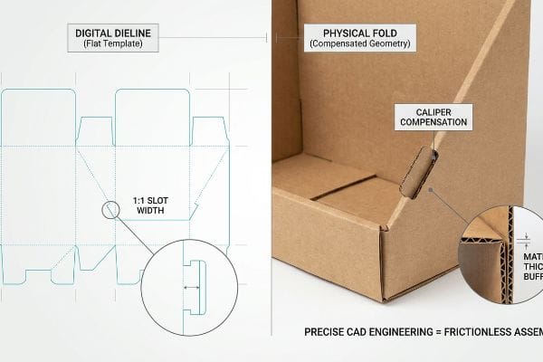 Digital Dieline 1:1 Slot Width vs. Physical Fold with Caliper Compensation and Material Thickness Buffer.