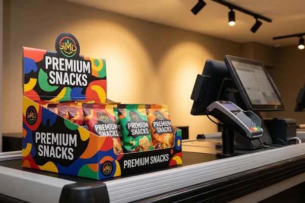 A vibrant SMD Premium Snacks counter display, filled with colorful snack bags, sits on a retail checkout next to a POS system and payment terminal.
