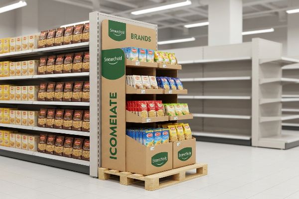 A supermarket aisle features a Smearchold quarter-pallet cardboard display on a wooden pallet, stocked with various branded food packages and labeled 'Icomeiate' and 'Brands'.