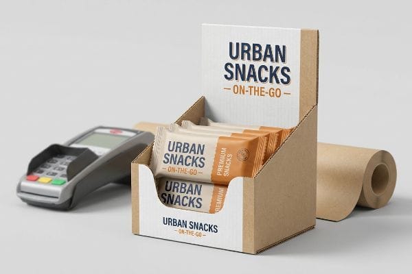 Una caja expositora para compras impulsivas, llena de snacks premium Urban Snacks On-The-Go, junto a un terminal de tarjetas de crédito y papel kraft.