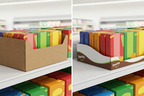 Brown corrugated cardboard display tray next to a branded Snacky retail-ready packaging with a custom swoop profile, both holding colorful product boxes on a white shelf, highlighting improved product visibility.