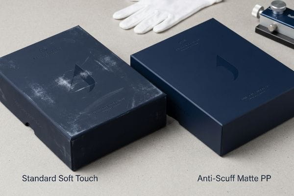 Abgenutzte, dunkelblaue „Standard Soft Touch“-Luxusverpackung neben einer makellosen „Anti-Scuff Matte PP“-Box.