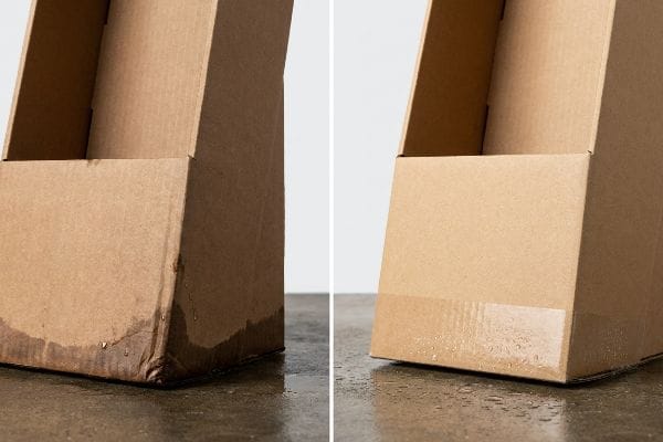 Brown corrugated cardboard display stands showing water damage on an untreated base versus a water-resistant base with a clear poly-coat barrier.