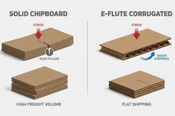 Brown solid chipboard demonstrates rigid failure under stress and leads to high freight volume, contrasting with E-flute corrugated board's shock dispersal and flat shipping.