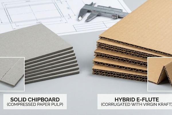 Solid Chipboard (compressed paper pulp) and Hybrid E-Flute (corrugated virgin kraft) materials, with a caliper and blueprint.