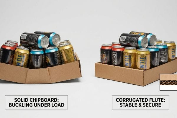 Solid chipboard tray, heavily bowed and buckling under the weight of stacked canned beverages, illustrating load failure.