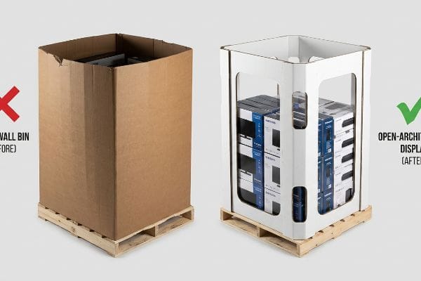 Corrugated pallet displays compare a Solid-Wall Bin (Before) with an Open-Architecture Display (After), showcasing improved product visibility for club stores.