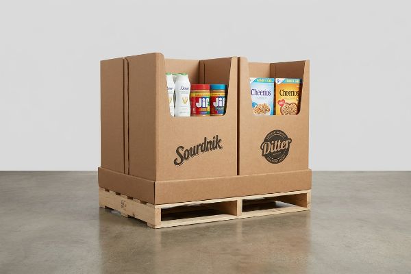 This corrugated cardboard half-pallet display on a wood pallet showcases Sourdnik products like Dove and Jif, alongside Ditter Packaging Mockup with Cheerios cereal.