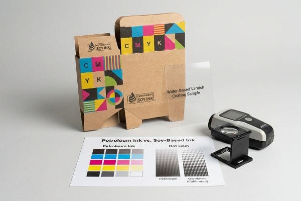 Soy Ink printed kraft boxes with Cmyk color charts, a water-based varnish sample, and a dot gain comparison sheet for petroleum vs. soy-based inks, next to a spectrophotometer.
