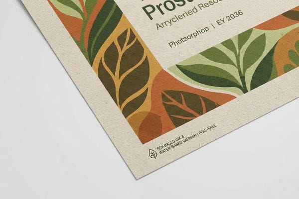 Textured kraft paper poster corner featuring a botanical leaf design in green and orange hues, highlighting 'Soy-Based Ink & Water-Based Varnish | PFAS-Free' text with a leaf icon.