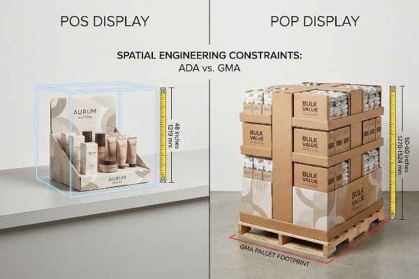 Countertop POS display for Aurum Goods and a Bulk Value POP pallet display, showing ADA 48-inch and GMA 50-60-inch spatial constraints.