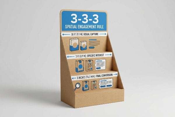 A multi-tiered cardboard retail display illustrates the 3-3-3 Spatial Engagement Rule, detailing Visual Capture at 30 ft, Specific Interest at 3 ft, and Final Conversion at 3 inches.