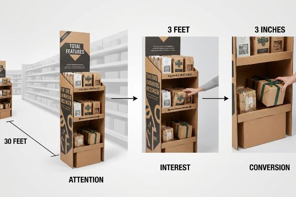 Corrugated cardboard retail display illustrating the 3-3-3 spatial engagement rule: Attention at 30 Feet, Interest at 3 Feet with ergonomic shelf height, and Conversion at 3 Inches.