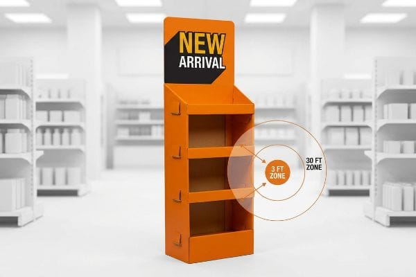 ক্রেতাদের আকৃষ্ট করার জন্য 'New Arrival' হেডার, তিনটি তাক এবং '3 FT ZONE', '30 FT ZONE' গ্রাফিক্স সহ কমলা রঙের ঢেউখেলানো কার্ডবোর্ডের রিটেইল ডিসপ্লে।.