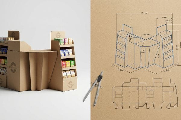Kraft cardboard POS display with snack bags and its structural CAD blueprint, detailing 30-foot, 3-foot, 3-inch spatial engineering dimensions.