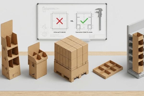 Cardboard retail displays and a whiteboard comparing "Universal Footprint" vs. "Specialized Zone Structure" with a steel caliper.