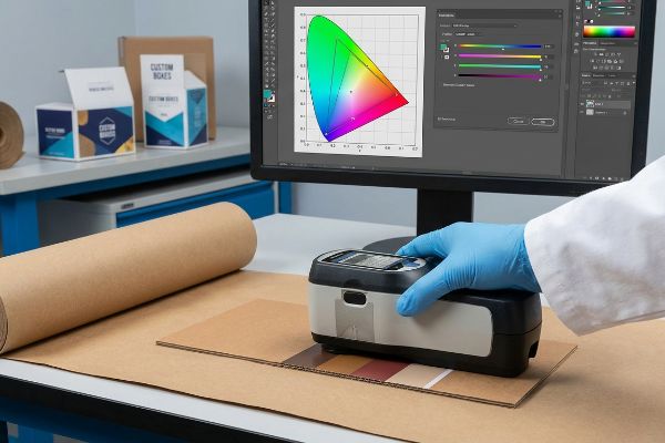 A technician uses a spectrophotometer on corrugated cardboard with color swatches, aligning CMYK profiles on a monitor for Custom Boxes.