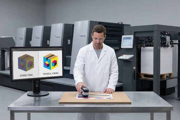 A technician uses a spectrophotometer on a color calibration chart, contrasting Screen (RGB) and Physical (CMYK) on a monitor in a print shop.