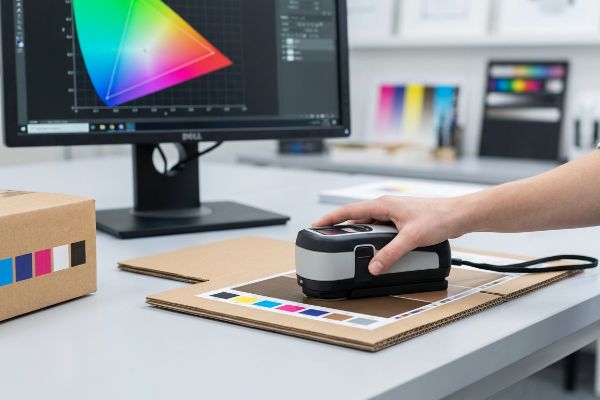 A hand operates a spectrophotometer to measure color swatches on corrugated cardboard for mathematical calibration, with a monitor showing a color gamut.