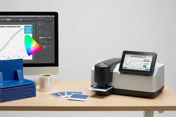 A spectrophotometer scans a blue swatch for prepress color calibration, displaying a Lamination Compensation Curve with 10.5% Cyan Boost.