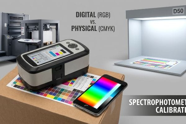 分光光度計とカラーキャリブレーションチャート、RGBカラーに対応したスマートフォン、そしてD50ライトブースを用いて、デジタル（RGB）と物理（CMYK）のカラーマッチング、および印刷用分光光度計のキャリブレーションを実演します。.