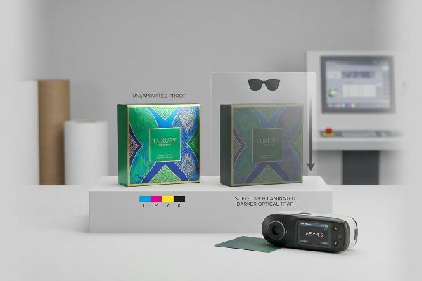 Vibrant unlaminated Luxury Scents packaging next to a darker soft-touch laminated box, showing a