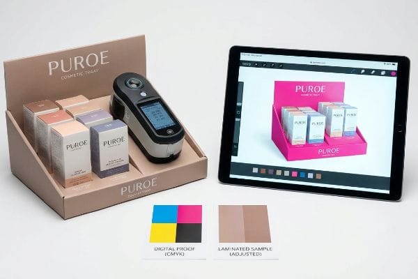 Présentoir cosmétique physique Puroe, spectrophotomètre, iPad affichant une épreuve numérique, échantillons de couleurs CMJN/laminés pour Delta-E.