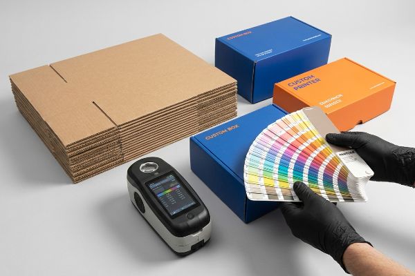 A gloved hand holds a Pantone swatch book near a spectrophotometer, Custom Box, Custom Printer, and corrugated cardboard for color matching.