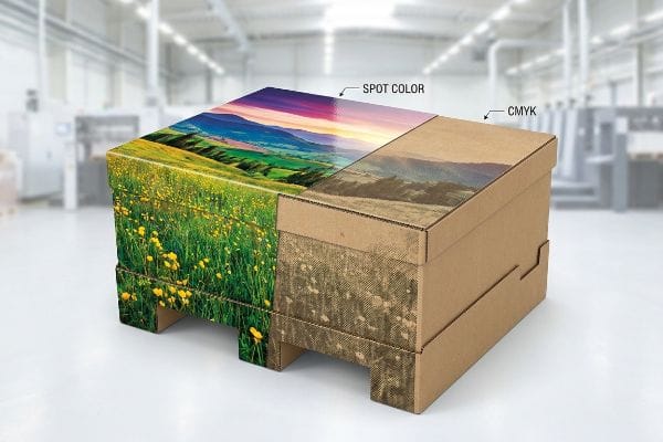 Corrugated cardboard pallet display comparing vibrant Spot Color printing of a field with muddy CMYK halftone dots.