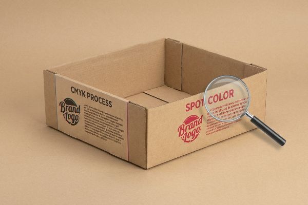 Brown corrugated cardboard box comparing Cmyk Process and Spot Color printing, with a magnifying glass highlighting the crisp Spot Color brand logo.